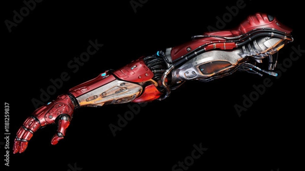 Fototapeta Futuristic red robotic arm with intricate mechanical details and advanced technology on a dark background showcasing innovation and engineering marvel