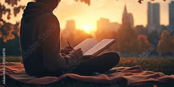 Fototapeta Autumn reflection: cozy journaling in sunset park - ideal for self-exploration and relaxation content