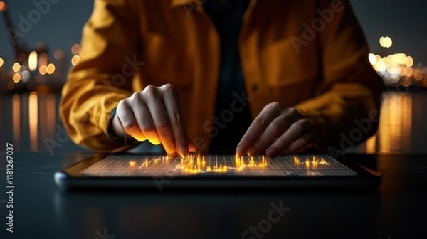 Obraz Night Data Analysis: Glowing Graphs on Tablet