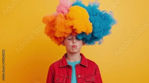 Fototapeta A playful child with colorful, fluffy hair stands against a bright yellow background, exuding a whimsical and fun vibe.