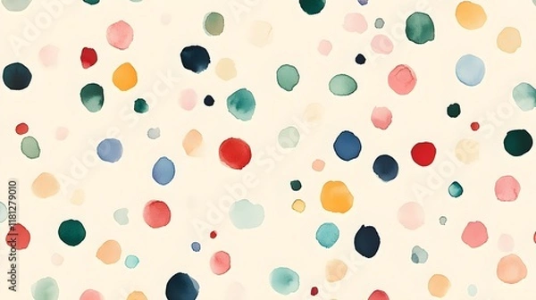 Obraz A seamless background of colorful polka dots in various sizes on a pale yellow canvas.
