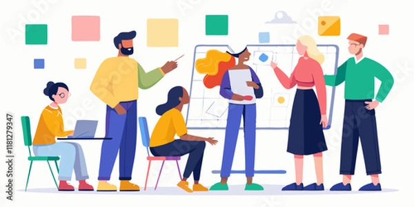 Fototapeta Diverse team collaborating on project strategy, placing sticky notes on whiteboard