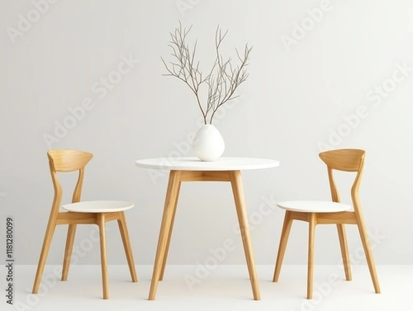 Fototapeta Compact dining set with a small round table and matching chairs in natural wood and white accents, isolated on a clean surface for cozy or urban spaces