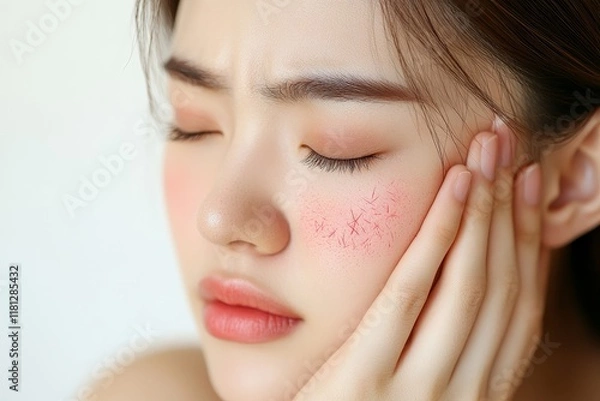 Fototapeta Dermatology, asian young woman reaction from atopic, insect bites on her arm, hand in scratching itchy red spot or rash of skin. Healthcare, treatment of beauty. Generative AI