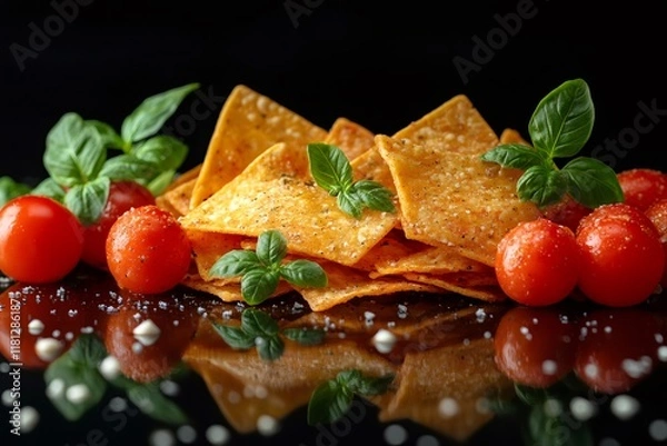 Fototapeta Delicious crispy tortilla chips with tomatoes and basil on black background