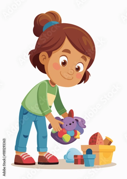 Obraz Cute little girl tidying up her toys. Adorable child organizing stuffed animals and building blocks, learning responsibility and cleanliness in a fun way.