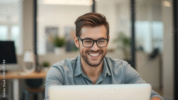 Obraz Joyful Success: A young, smiling businessman looks at his laptop with happiness and satisfaction in a modern office setting.  