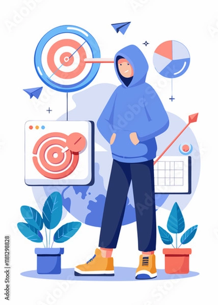 Obraz Person in oversized hoodie outlining business goals, displaying strategic goals on large screen with arrows pointing to target achievements and milestones. Vector illustration.

