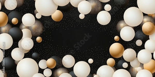 Fototapeta A stunning abstract background featuring a blend of floating spheres in black, white, gold, and cream. Perfect for creative projects, invitations, or modern artwork.