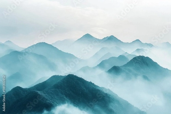Fototapeta Serene mountain landscape shrouded in mist and soft blue hues.