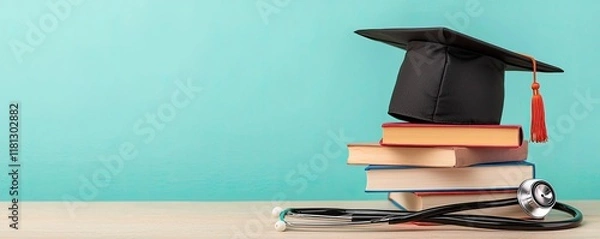 Fototapeta A graduation cap rests atop stacked books next to a stethoscope, symbolizing education and healthcare.