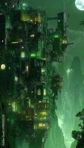 Fototapeta A cyberpunk fortress built from the rubble of the _001