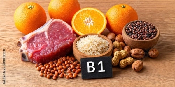 Fototapeta Healthy mix of Vitamin rich foods concept. Fresh ingredients including meat, oranges, nuts, and grains on wooden surface