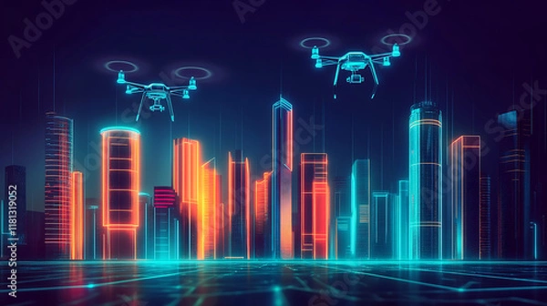 Fototapeta Futuristic cityscape with drones and neon lights.
