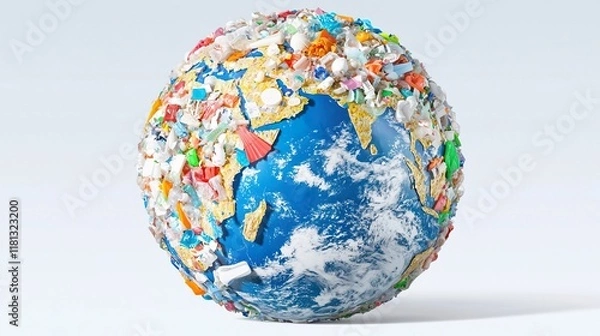 Fototapeta Colorful Earth Globe with Plastic Waste Representation, Globe trash over plastic concept.