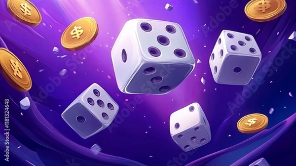 Obraz Floating dice with golden coins on a vibrant purple background, dynamic composition for mobile game interface or promotional design