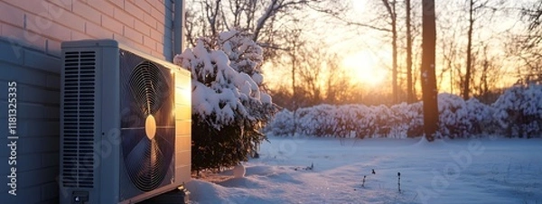 Obraz A heat pump on the side of an electric house in winter, with snow-covered ground and trees under sunset lighting