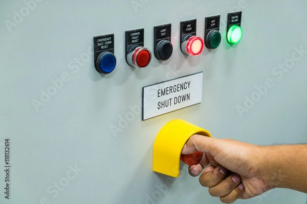 Obraz Technician is turning off emergency shutdown button on control p