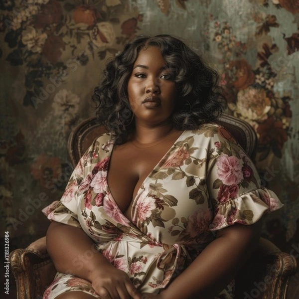 Fototapeta A woman in a floral dress sits in a chair. She has a serious expression on her face