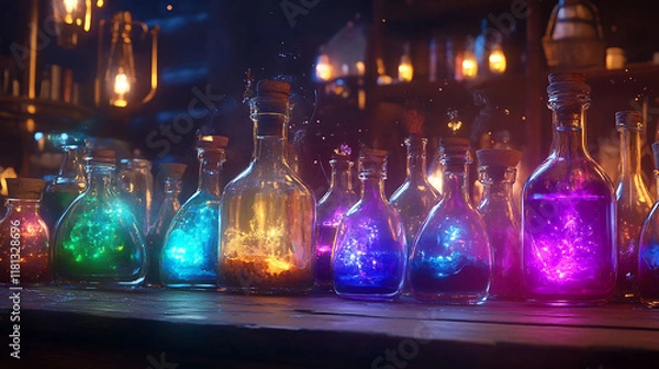 Fototapeta A collection of colorful potions in glass bottles, emitting magical glows and smoke.