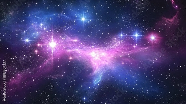 Fototapeta Vibrant cosmic landscape, swirling galaxies in deep space, radiant colors of pink and blue, perfect for science themes or art projects.
