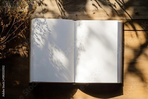 Fototapeta A white, blank page viewed from above on a table