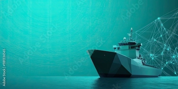 Obraz A futuristic ship navigates through a digital ocean, blending technology and maritime elements in a vibrant, teal environment.