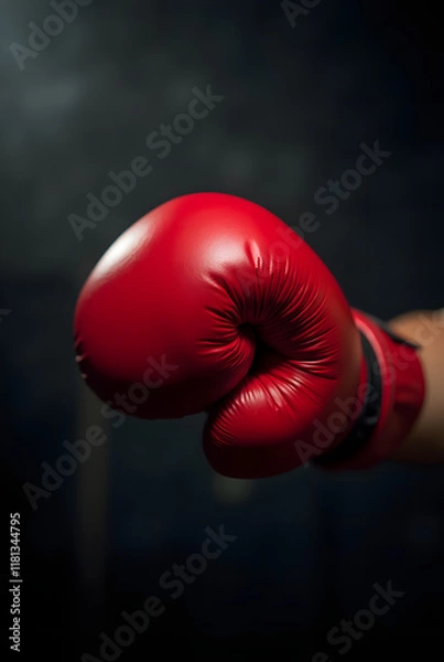 Fototapeta Fighter in red gloves on dark background. Muay Thai athlete in fight. Close-up of fighter's hand. Sport, strength and fight concept for banner, postcard, poster.