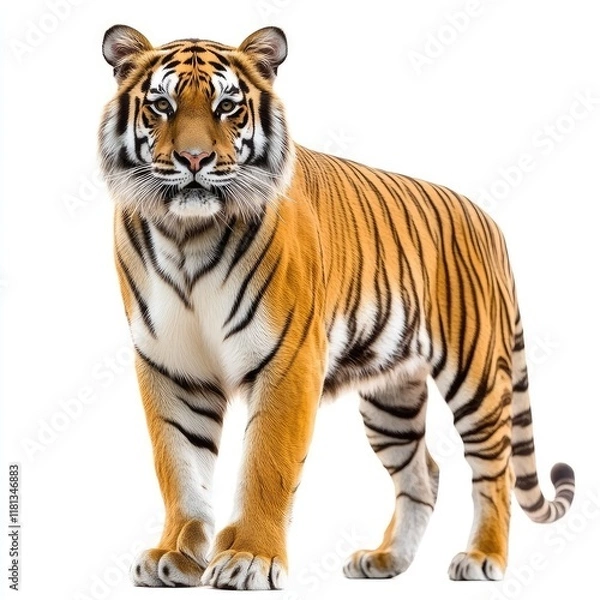 Fototapeta A realistic depiction of a tiger standing confidently against a white background.