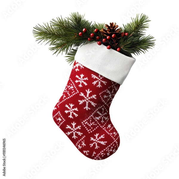 Fototapeta Festive Christmas stocking with greenery. transparent background