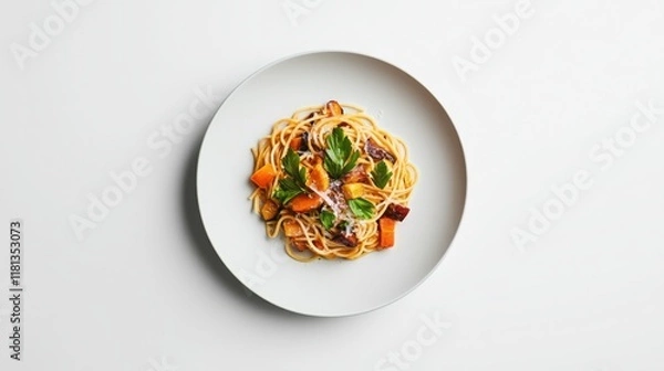 Fototapeta A delicious plate of spaghetti topped with vibrant vegetables, garnished with fresh herbs, presented on a minimalist white background.