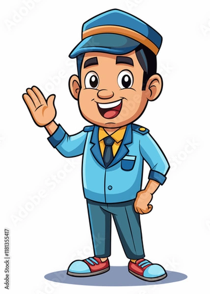 Fototapeta Male bus conductor waving hand to customers, bus driver greeting passengers, vector illustration of public transport worker in uniform.

