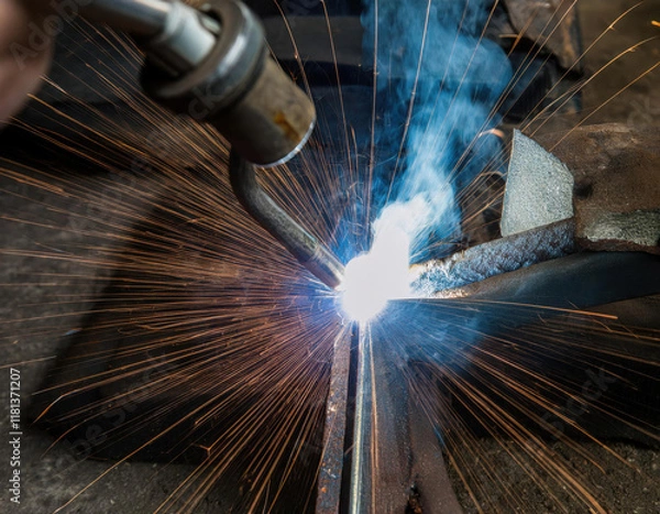 Fototapeta Welding process showcasing intense sparks and bright flames in a workshop setting during daytime