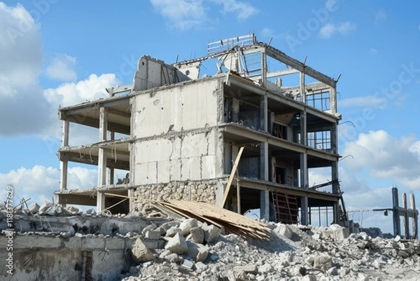 Fototapeta Remains of a demolished concrete building under a cloudy blue sky