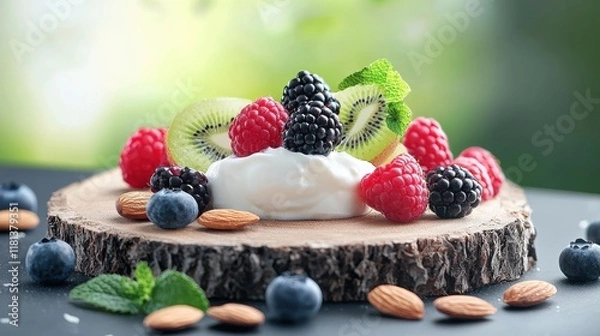 Fototapeta A rustic wooden board with a dollop of yogurt, surrounded by scattered berries, sliced kiwi, and chopped almonds, offering a customizable and healthy snack option.