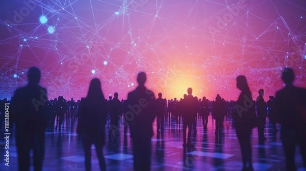 Obraz Group, people and crowd connected to wifi internet, big data and smart city. Silhouette, businesspeople and public network lines for communication, futuristic connection and marketing, Generative AI
