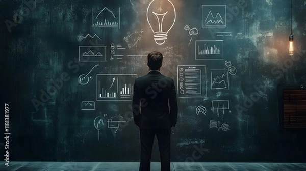 Fototapeta A man in a black suit is standing and thinking about his business plan, surrounded by various charts, graphs, and icons representing marketing concepts