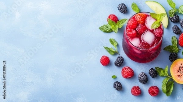 Fototapeta A vibrant cocktail garnished with fresh raspberries, blackberries, and mint, resting on a light blue surface.