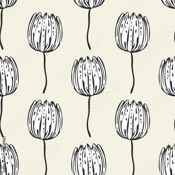 Obraz seamless monochrome hand drawn tulip flowers pattern background