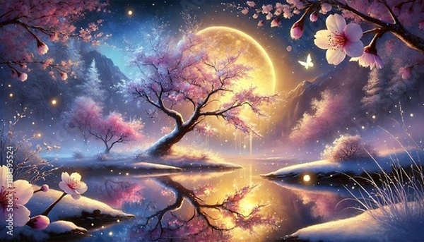 Obraz A tranquil horizontal fantasy painting depicting snow-covered cherry blossoms in full bloom under a golden moonlight on a serene night