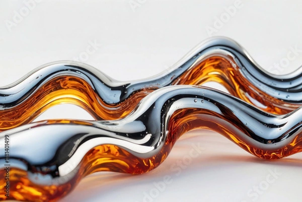 Fototapeta 3D render holographic chrome Y2K element. Liquid chrome, vintage element. Two long, curvy shapes made of glass, one of which is orange and the other silver.