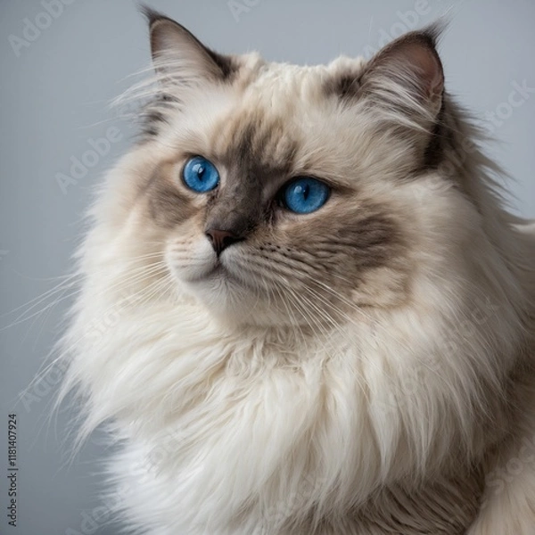 Fototapeta A striking long-haired Birman cat with creamy fur and stunning blue eyes, calmly sitting on a white background.