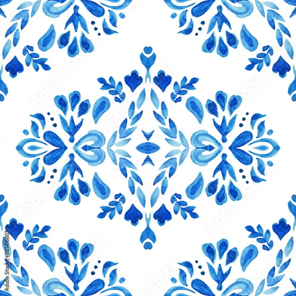 Obraz Watercolor handdrawn damask seamless ornamental arabesque paint tile design pattern for ceramic decor design. Intricate medallion