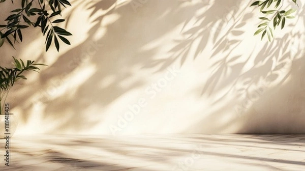 Fototapeta Minimalistic light background with blurred foliage shadow on a beige wall. Beautiful background for presentation with marble floor.