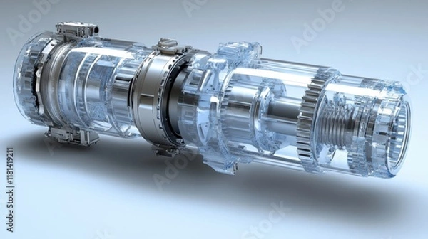 Fototapeta Engineers inspecting turbine engines, highlighted by a soft blue background