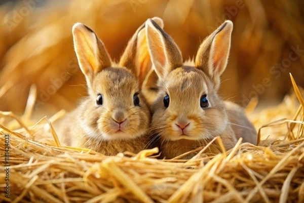 Fototapeta A documentary captures newborn rabbits, hairless and nestled in straw, their fluffy forms consuming nourishment.
