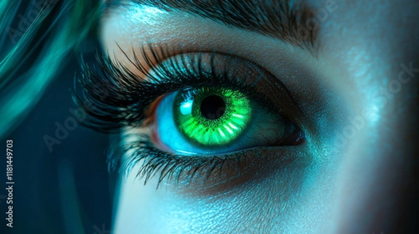 Obraz Close-up of an eye with glowing green iris in a blue ambiance