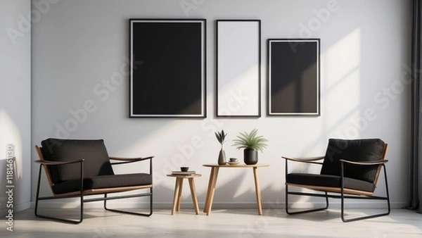 Fototapeta Black wall background with minimal chairs, and blank poster frame
