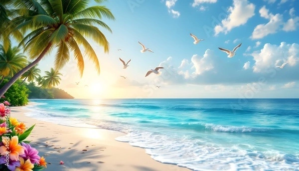 Fototapeta Serene Tropical Beach with Palm Trees and Vivid Sunset Over Crystal Clear Waters