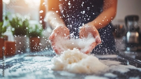 Fototapeta Soap Suds Symphony Hands Creating A Lather While Washing Dishes, Leaving Space for Text.